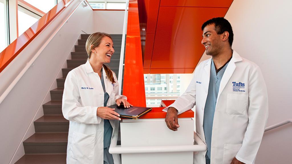 Two dentists having a discussion in a stairwell