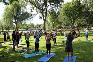 group of students doing yoga outside