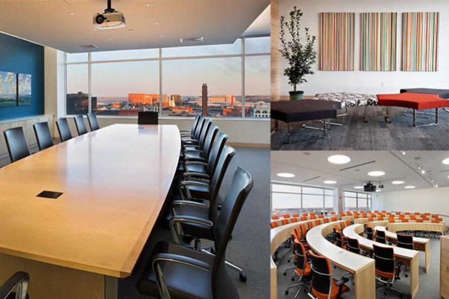 An image collage of conference rooms and seating areas