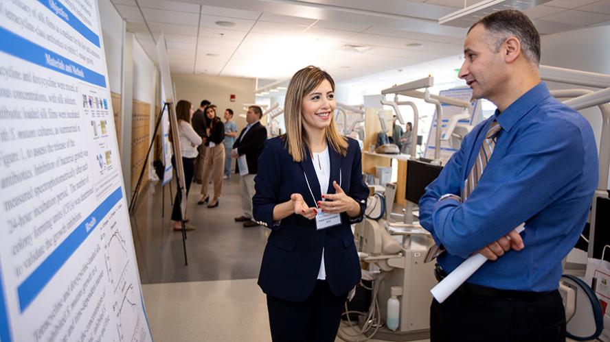 Sadaf Foroutanjazi, IS21, DMD21, discusses a research project during The annual Bates Day 2020 presentations at the Tufts University School of Dental Medicine. 
