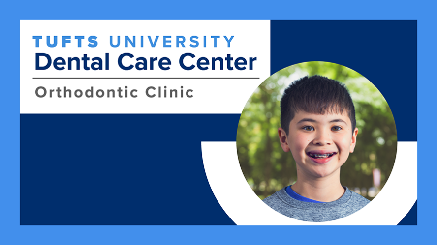 Tufts University Dental Care Center logo with smiling boy with braces
