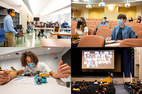 Different views of classrooms with students masked and seated far apart. Tufts staff photographer Alonso Nichols documents the transformation caused by the pandemic at all three of the university’s campuses