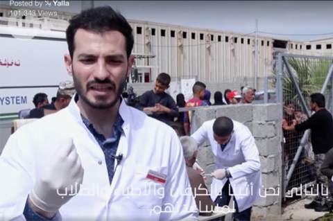 Modar Bilind Al-Roomi, DI21, a founder of the Kurdish Dental Health Organization, gives an interview in April 2016 for the Arabic social media platform Yalla at a refugee camp in Irbil, Iraq. Photo: Courtesy of Modar Bilind Al-Roomi