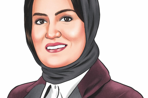 Head-and-shoulders illustration of a woman in a blazer and hijab.